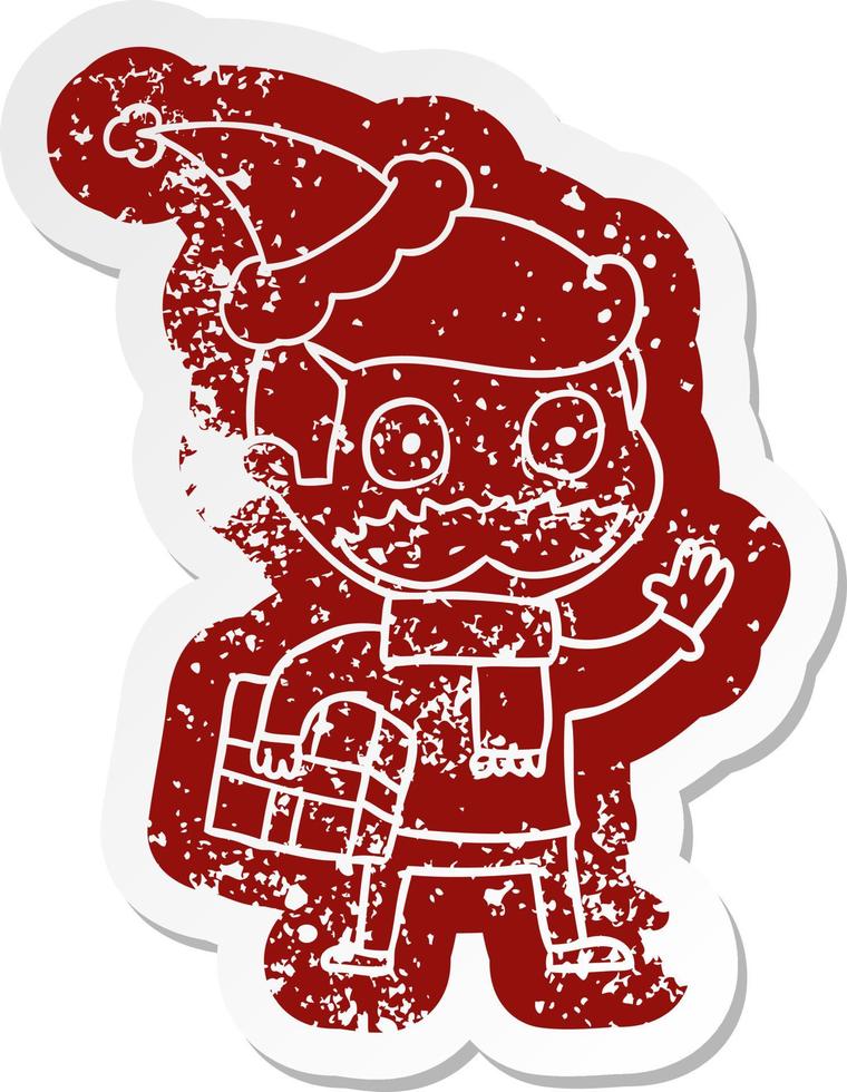 cartoon distressed sticker of a man with mustache and christmas present wearing santa hat vector