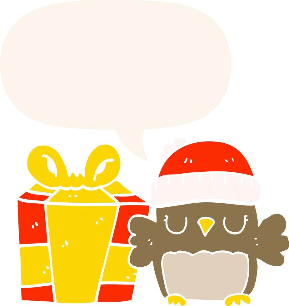 cute christmas owl and speech bubble in retro style vector