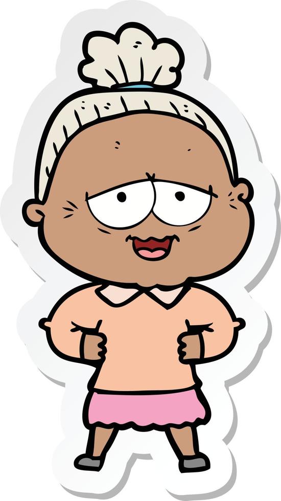 sticker of a cartoon happy old lady vector