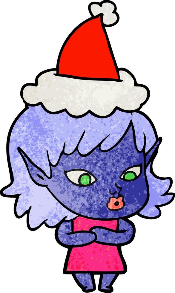 pretty textured cartoon of a elf girl wearing santa hat vector