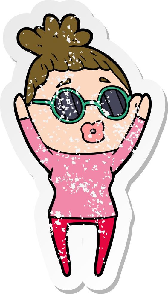 distressed sticker of a cartoon woman wearing sunglasses vector