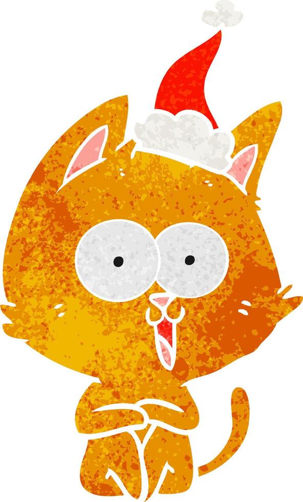 funny retro cartoon of a cat wearing santa hat vector