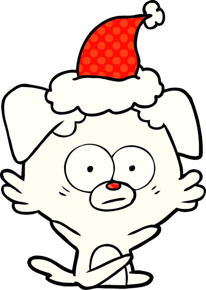 nervous dog comic book style illustration of a wearing santa hat vector