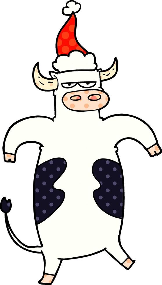 comic book style illustration of a bull wearing santa hat vector