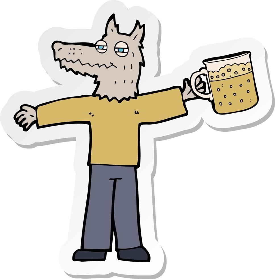 sticker of a cartoon wolf man drinking beer vector