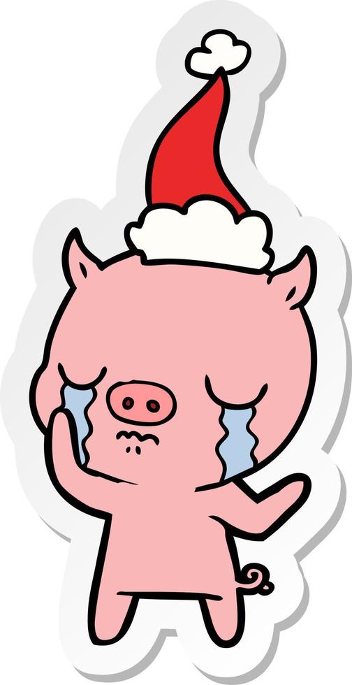 sticker cartoon of a pig crying wearing santa hat vector