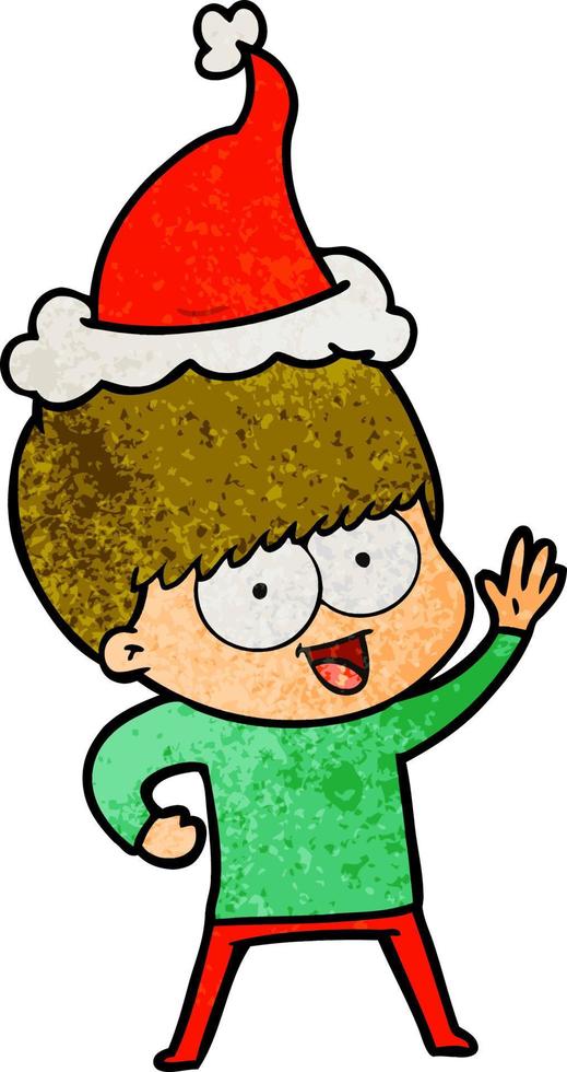 happy textured cartoon of a boy wearing santa hat vector