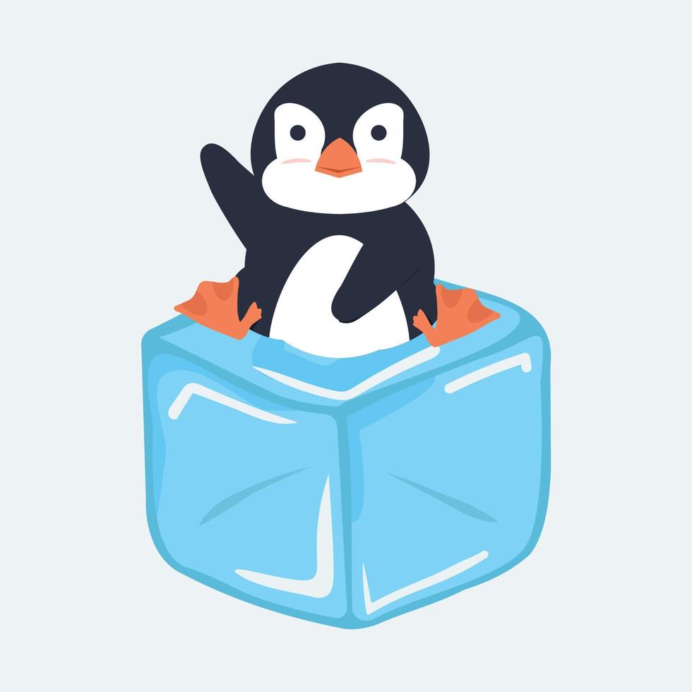 lindo pingüino en cubo de hielo vector