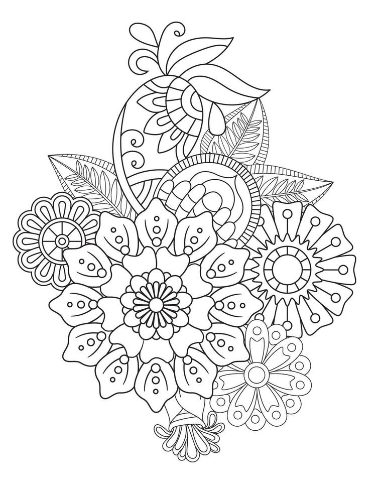 Black and white adult coloring page with flower Style vector