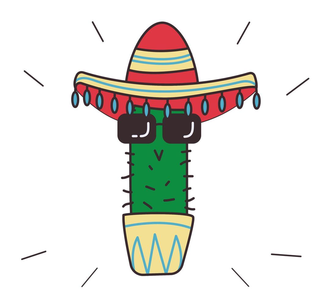 lindos cactus mexicanos con sombrero y gafas de sol. estilo garabato, colores brillantes vector