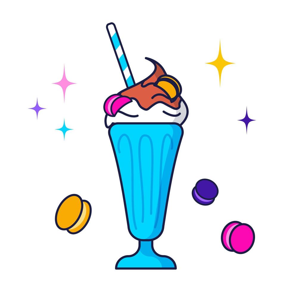 Bright ice cream in a glass with macaroons. Vector illustration