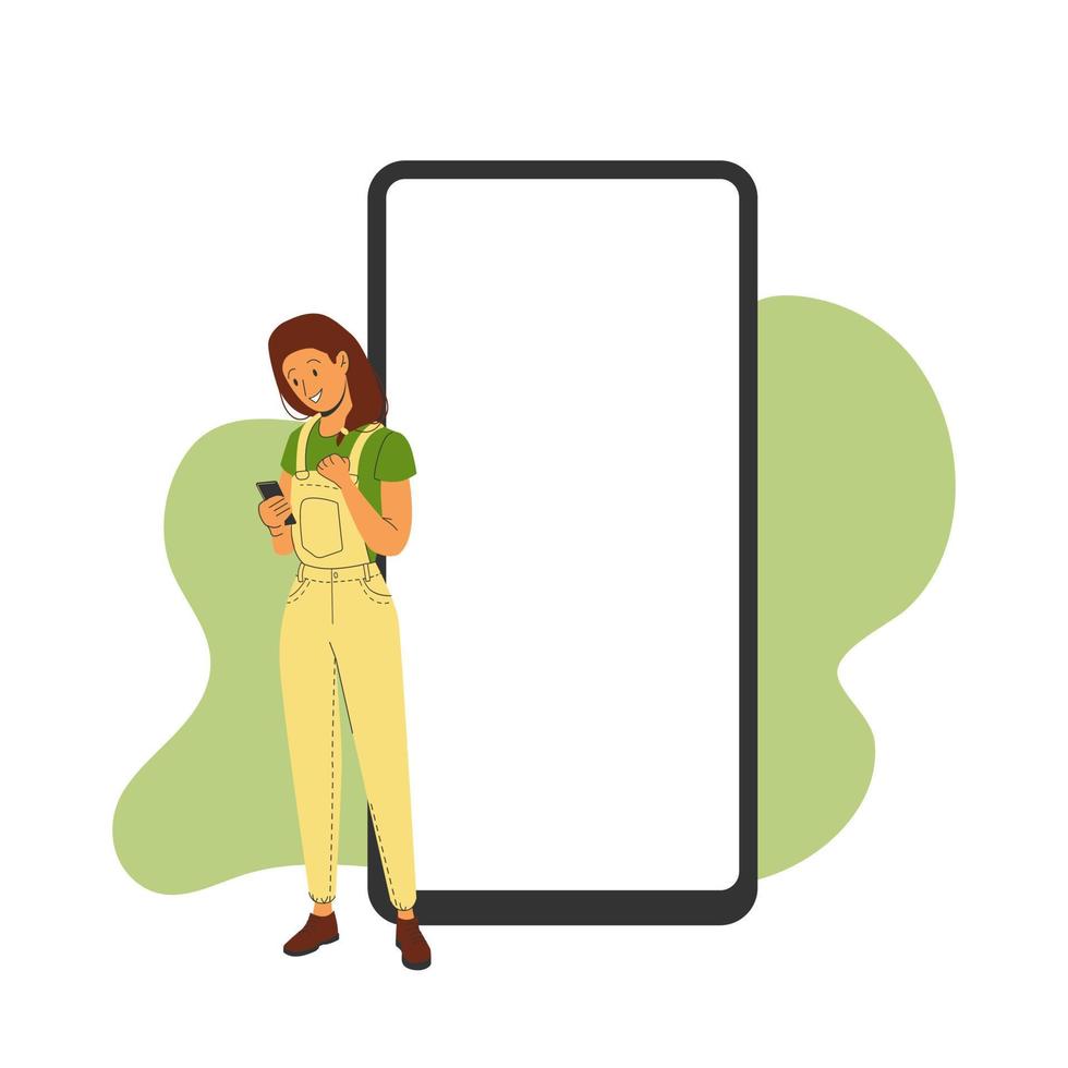 Phone template with correspondence next to a joyful woman. Vector illustration