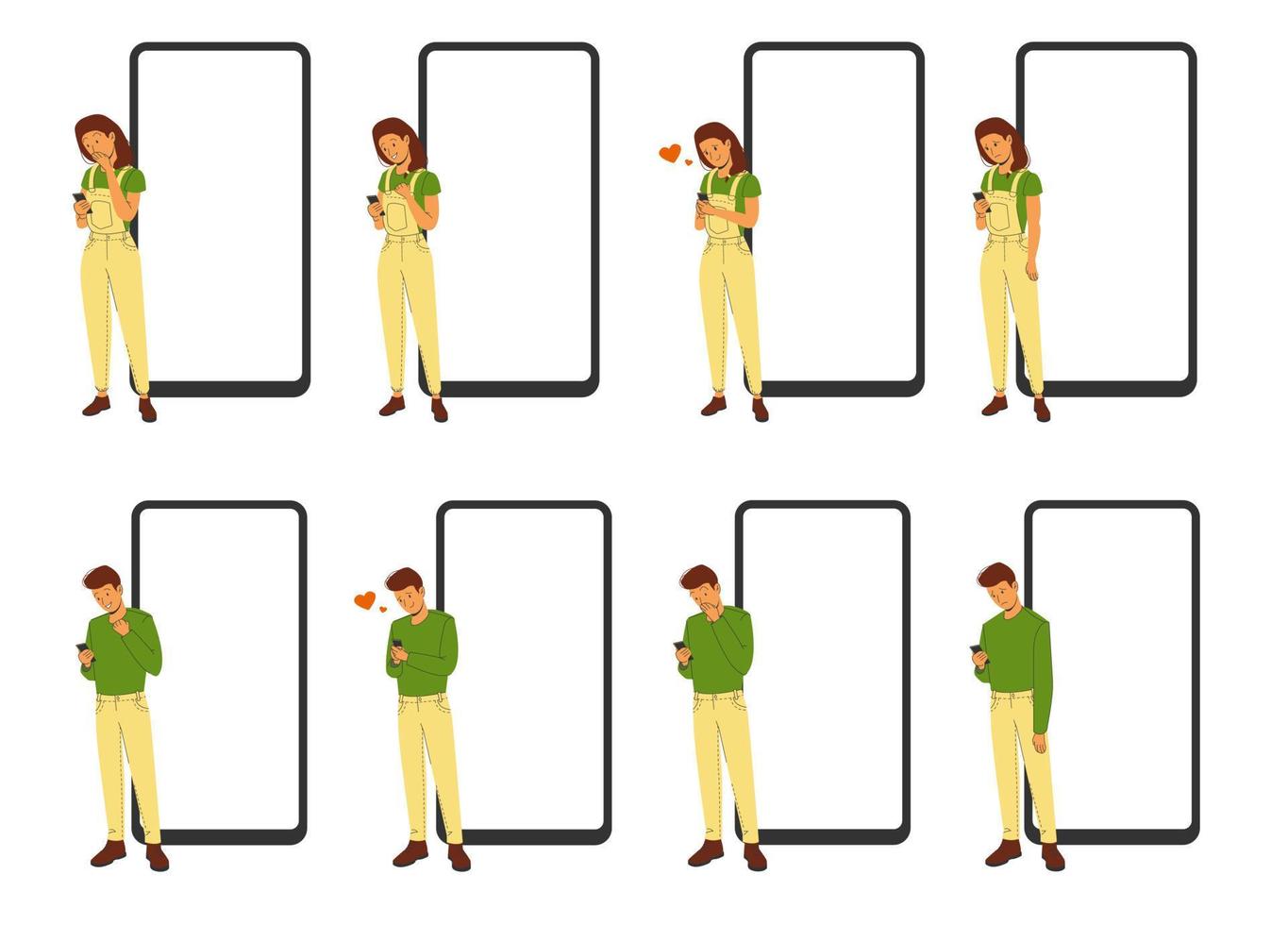 Phone templates and next to a woman or man with different emotions. Vector set