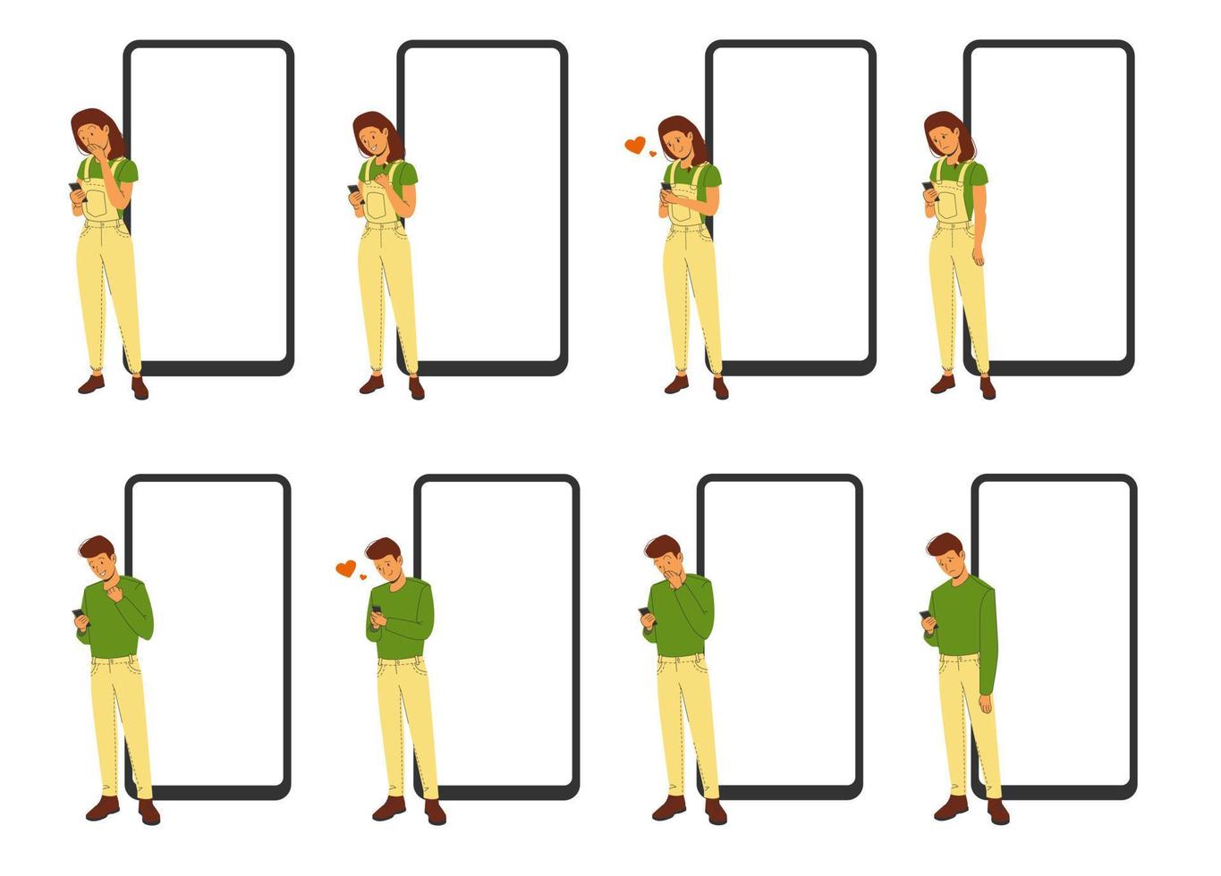 Phone templates and next to a woman or man with different emotions. Vector set