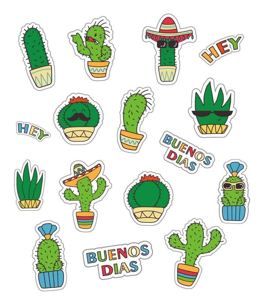 paquete de pegatinas de lindos cactus mexicanos con bigote y sombrero. estilo garabato, colores brillantes. vector