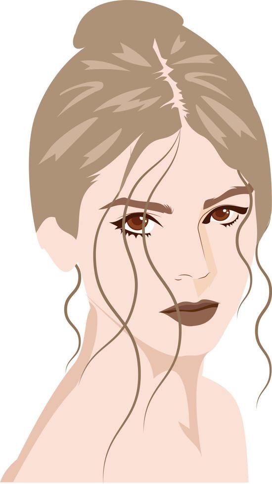 The face of a beautiful girl looking at her wide brown eyes ,her hair pulled up, with some tufts of hair hanging from it vector