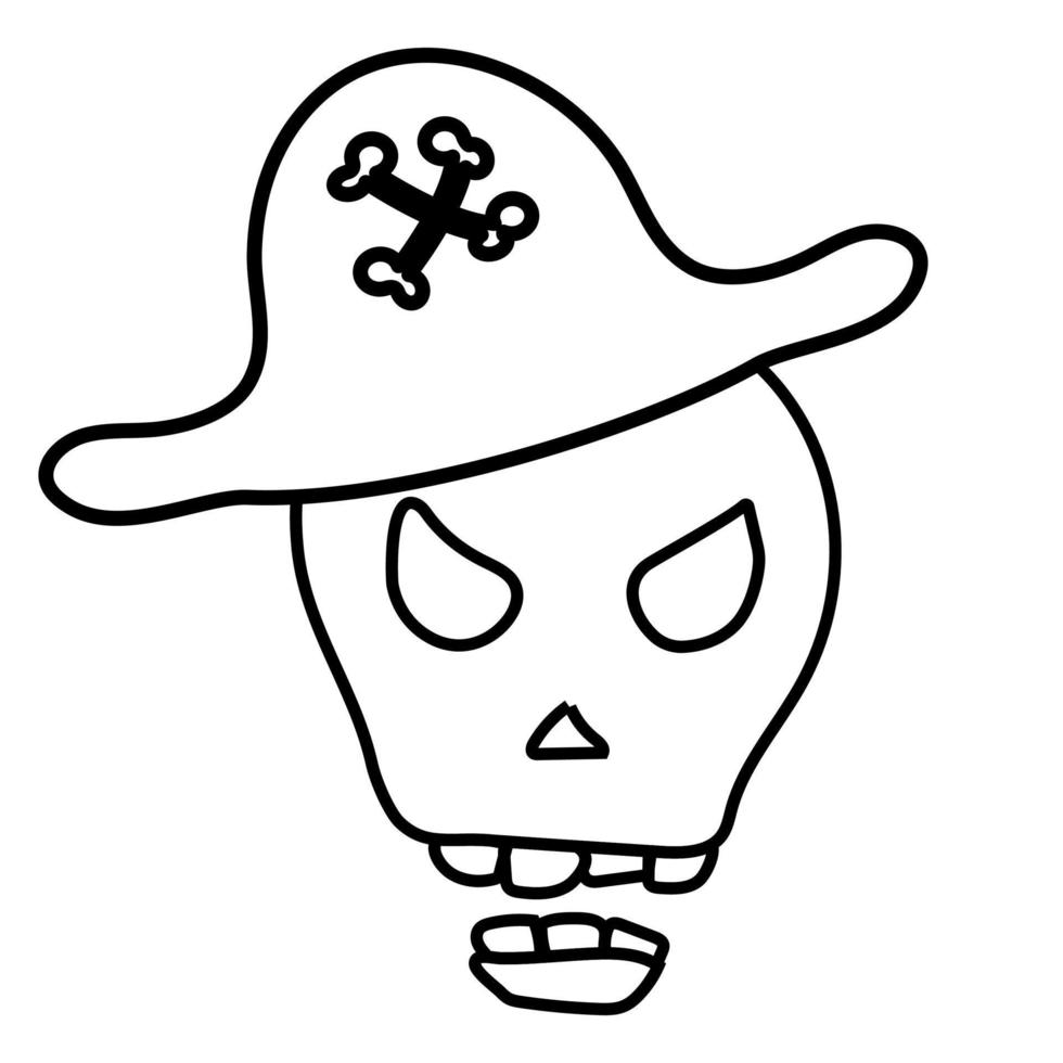 Skull in pirate hat hand-drawn caracal outline. Funny pirate symbol vector