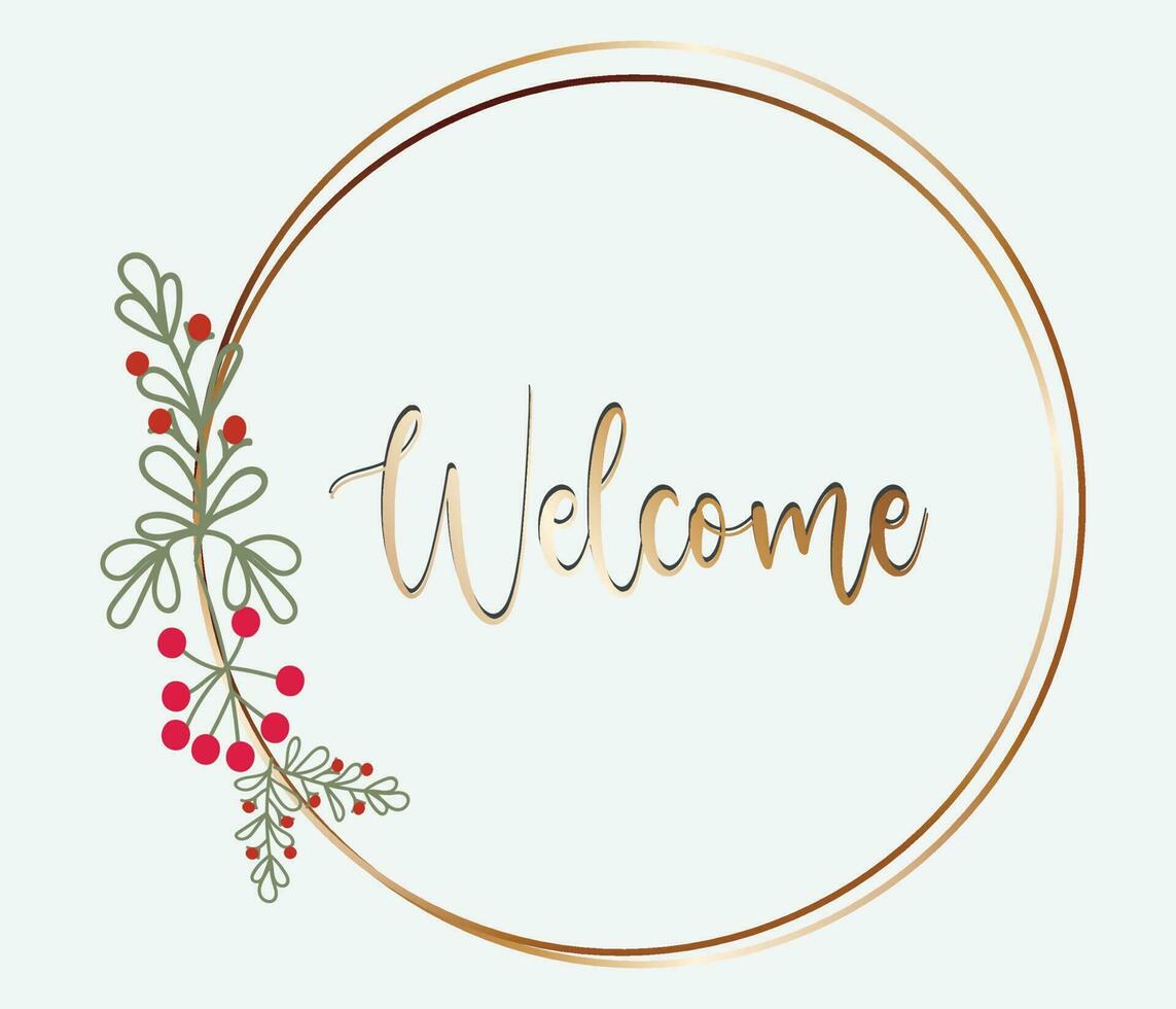 Welcome background with lineart green leaves round wreath vector design
