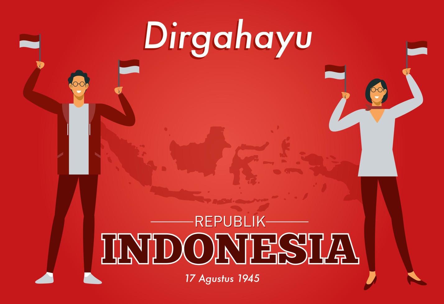 un par de hombres y mujeres indonesios vestidos de rojo y blanco sostienen la bandera indonesia con el fondo del archipiélago indonesio para conmemorar el día de la independencia de indonesia. vector
