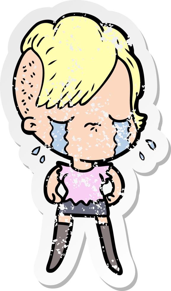 distressed sticker of a cartoon crying girl vector