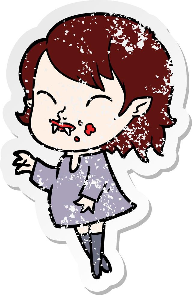 distressed sticker of a cartoon vampire girl with blood on cheek vector