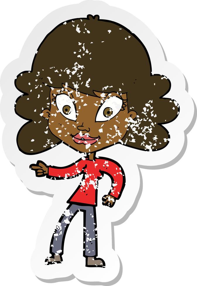 retro distressed sticker of a cartoon woman pointing vector