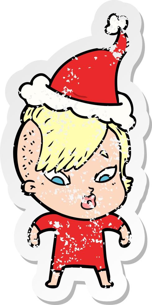 pegatina angustiada caricatura de una chica sorprendida con gorro de Papá Noel vector