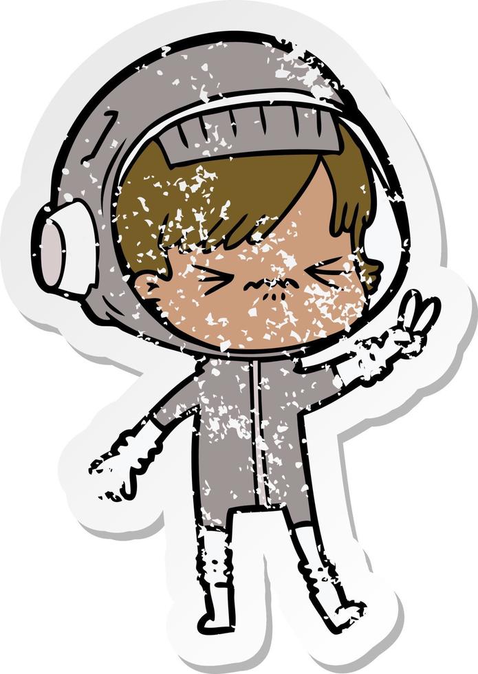 distressed sticker of a angry cartoon space girl holding up two fingers vector