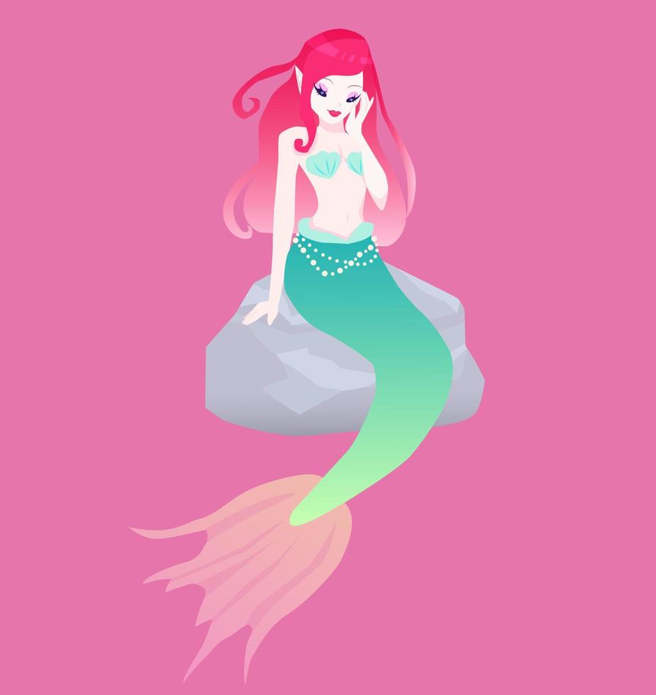 bonita sirena con cuento verde y perlas, personaje de fantasía aislado vector