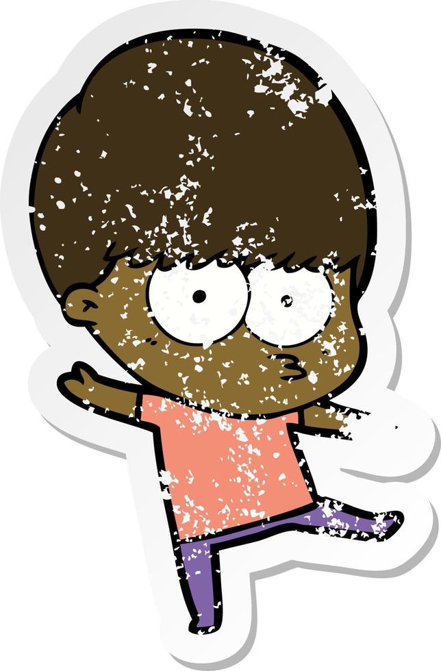 distressed sticker of a nervous cartoon boy dancing vector