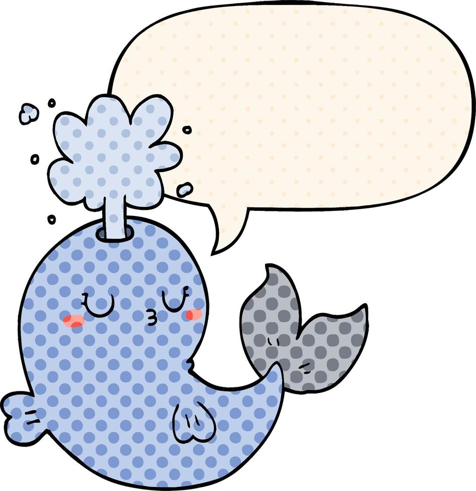 cartoon whale spouting water and speech bubble in comic book style vector