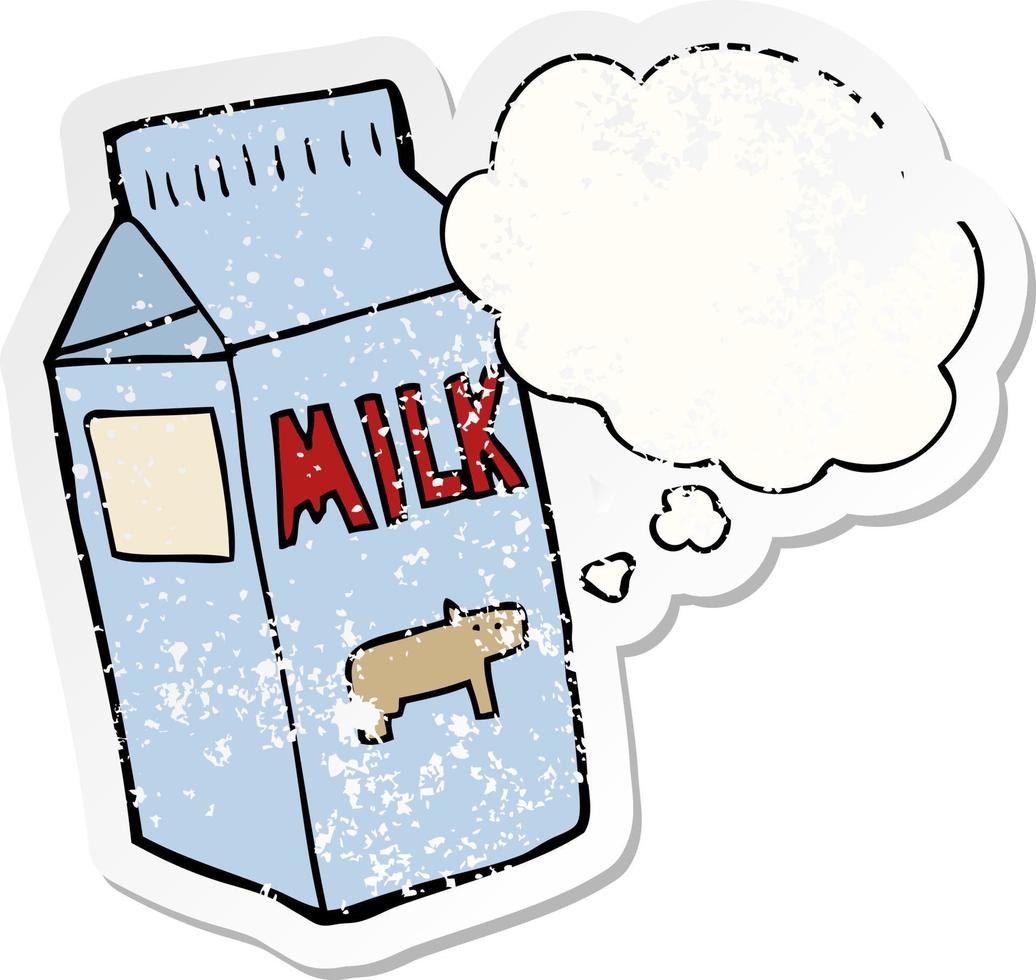 cartoon milk carton and thought bubble as a distressed worn sticker vector