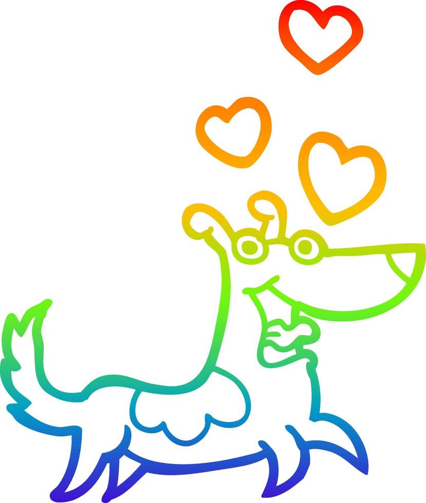 rainbow gradient line drawing cartoon dog with love hearts vector