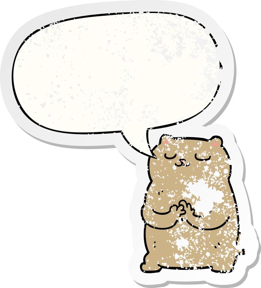 cartoon bear and speech bubble distressed sticker vector