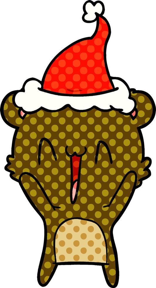 happy bear comic book style illustration of a wearing santa hat vector