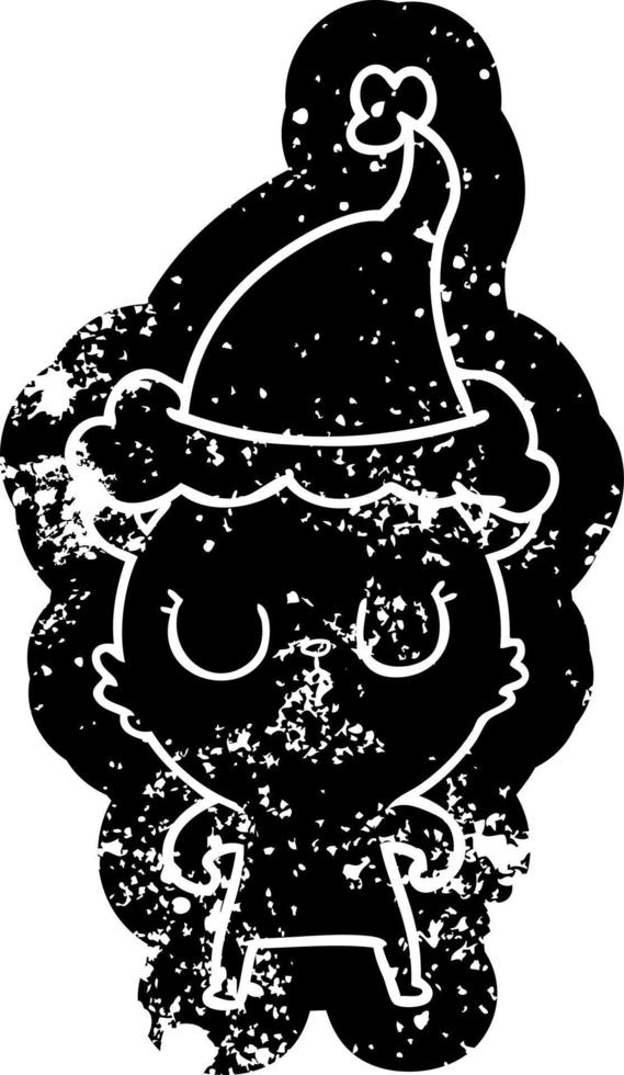 peaceful cartoon distressed icon of a bear wearing santa hat vector