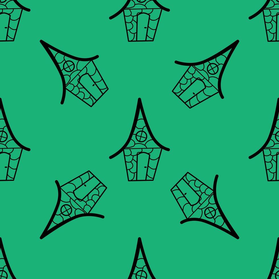 Seamless vector pattern of contour houses in doodle style on a green background.