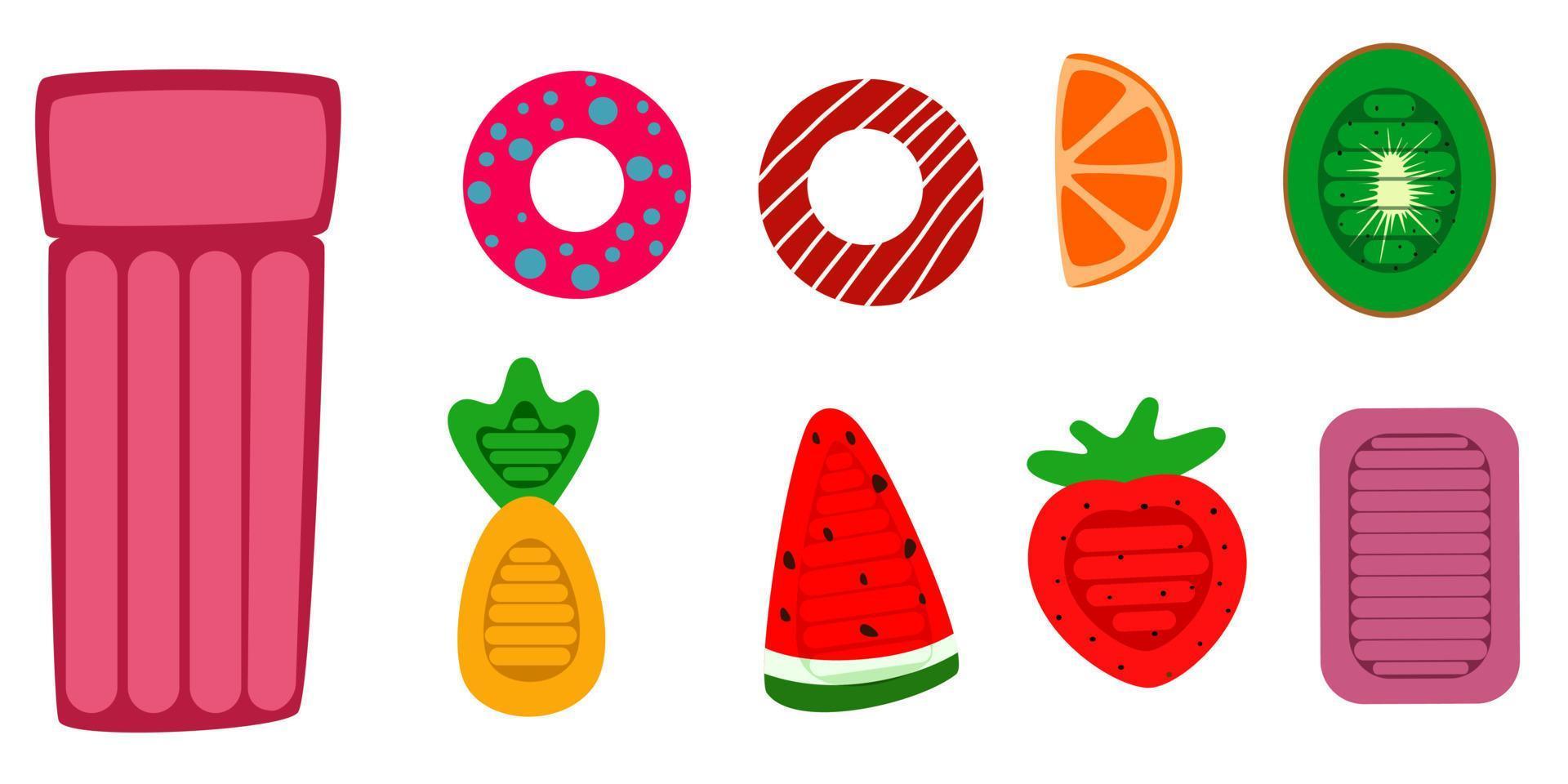 Set with air mattresses. Inflatable fruits and donuts. vector