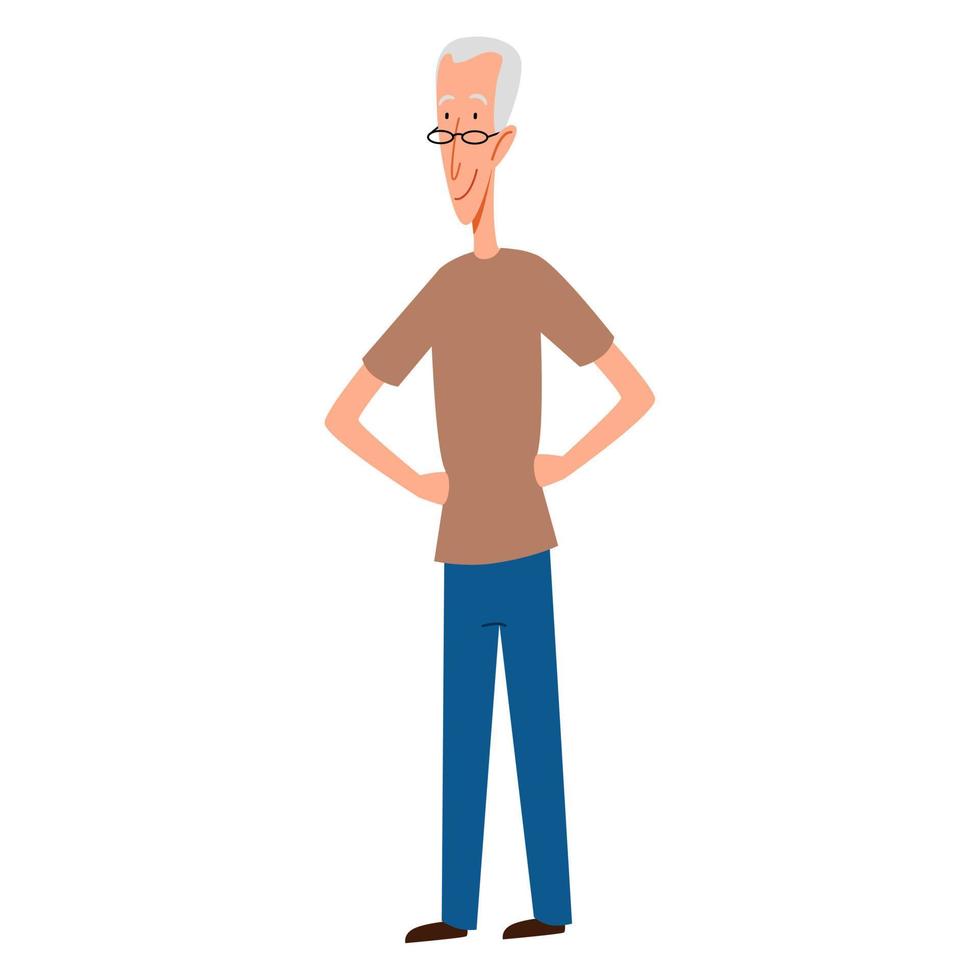 A gray-haired, thin man with his hands on his waist. vector