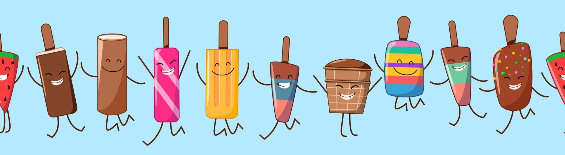 borde sin costuras con alegres personajes de helados. vector