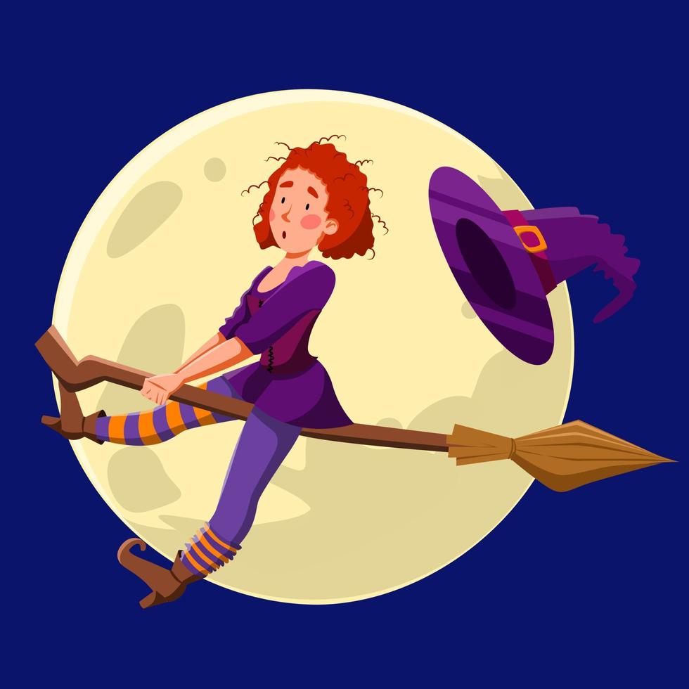 A pretty witch with red curly hair, flying at night on a broomstick. vector