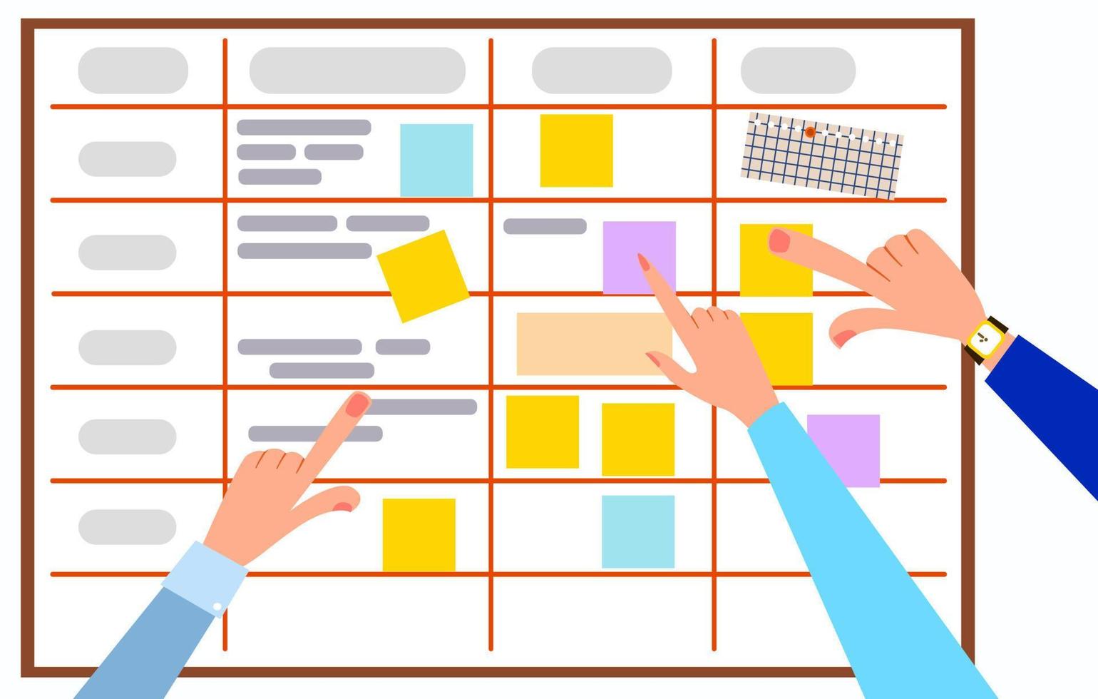 un tablero de planificación, diagramas y tareas con pegatinas. vector