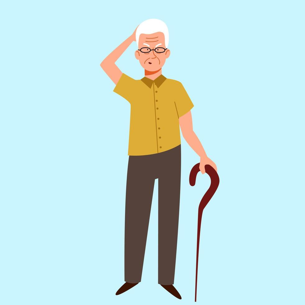 Grandpa with a cane thinks, tries to remember. An elderly character with Alzheimer s disease. vector