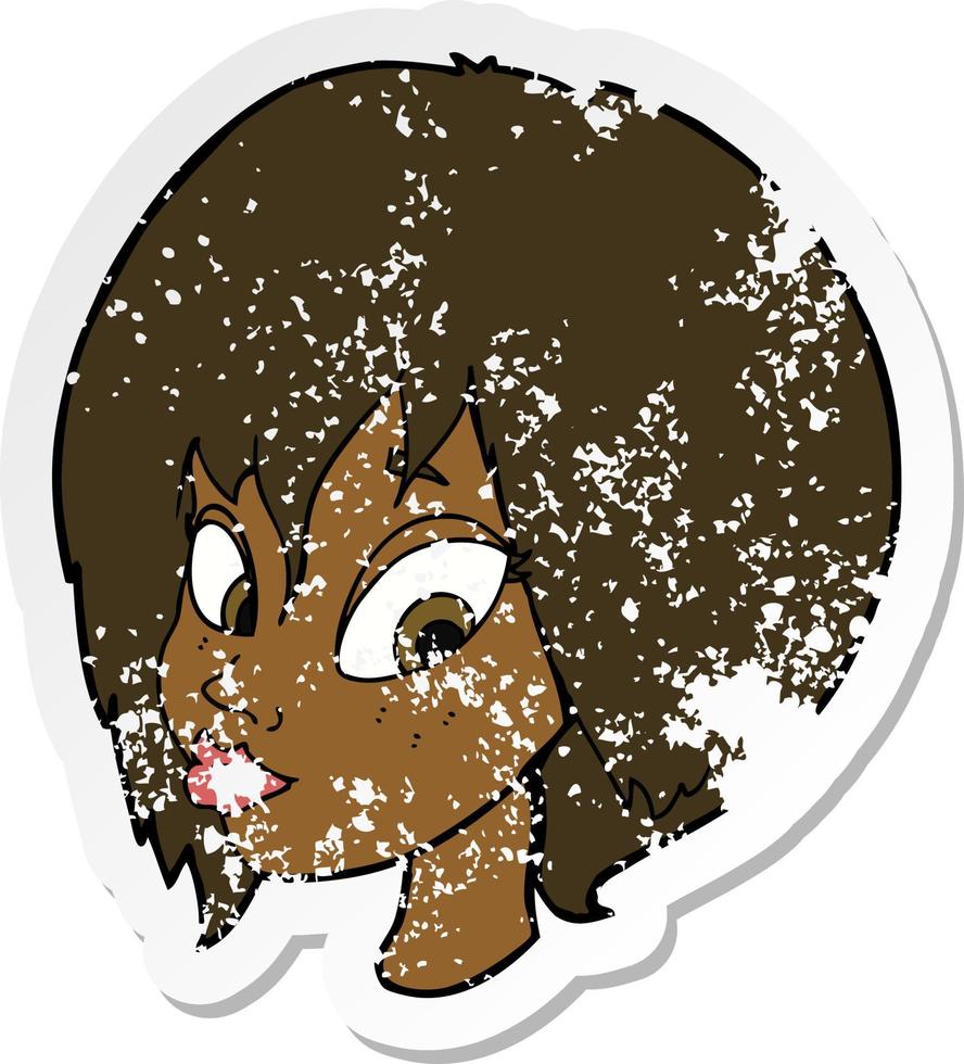 retro distressed sticker of a cartoon pretty female face pouting vector