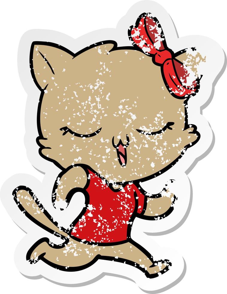 distressed sticker of a cartoon cat with bow on head vector