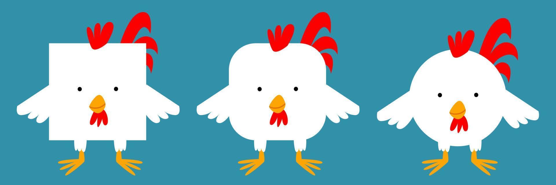 A set of animals of square and round shape. Vector illustration of a rooster