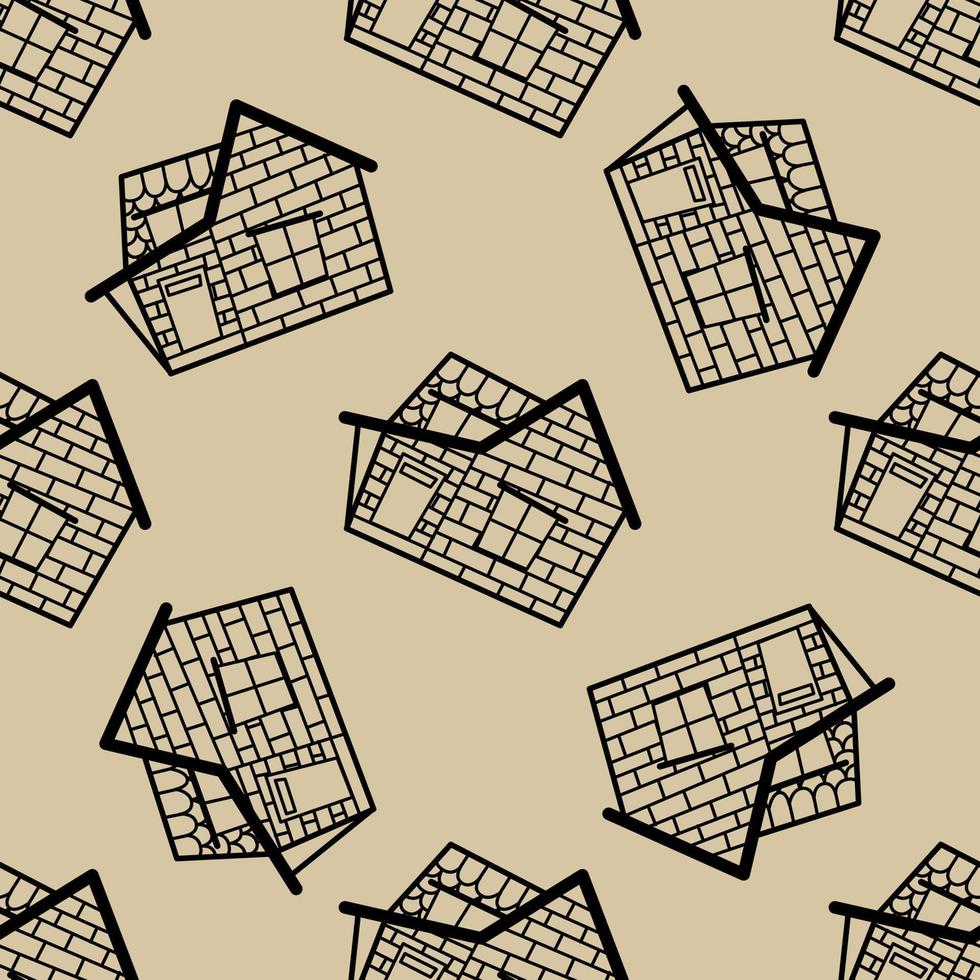 Seamless vector pattern of contour houses in doodle style on beige background.