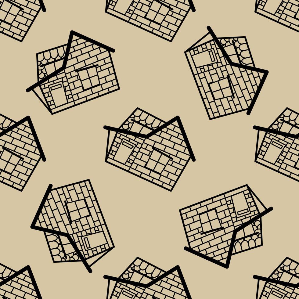 Seamless vector pattern of contour houses in doodle style on beige background.