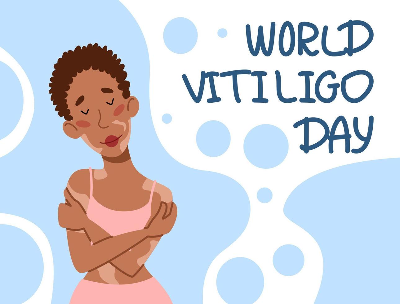 Beautiful girl in a swimsuit and with vitiligo. Postcard for World Vitiligo Day. vector
