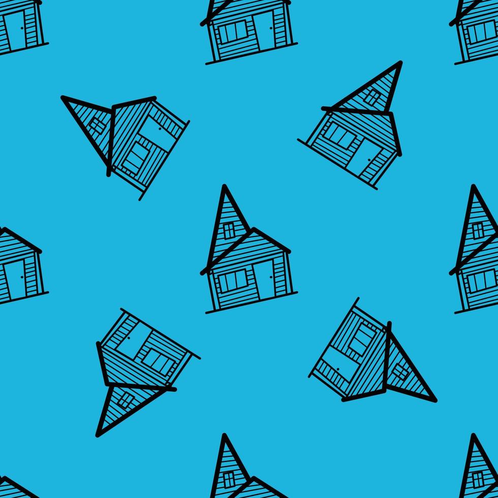 Seamless vector pattern of contour houses in doodle style on a blue background.